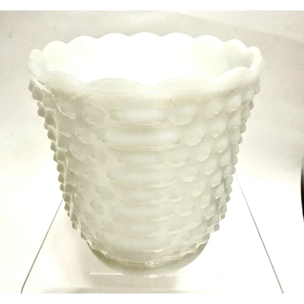 Vintage White Milk Glass Planter Scalloped Rim Textured Hobnail Style Unmarked